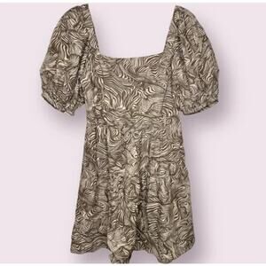 HOUSE OF HARLOW 1960 Linen Puff Sleeve Smocked Babydoll Mini Dress